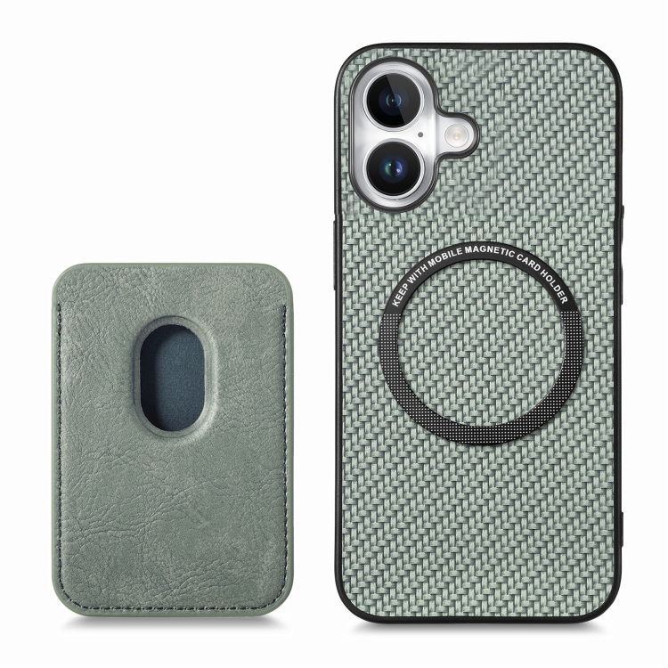 For iPhone 16 Plus Carbon Fiber Leather Card Magsafe Phone Case(Green) For iPhone 16 Plus Carbon Fiber Leather Card Magsafe Phone Case(Green)