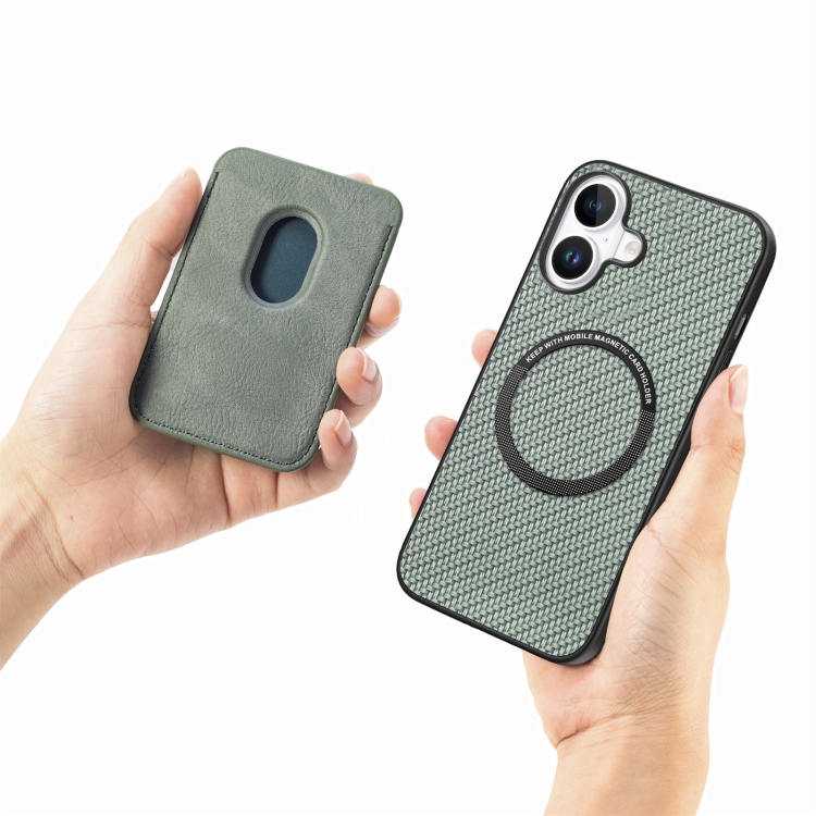For iPhone 16 Plus Carbon Fiber Leather Card Magsafe Phone Case(Green) For iPhone 16 Plus Carbon Fiber Leather Card Magsafe Phone Case(Green)