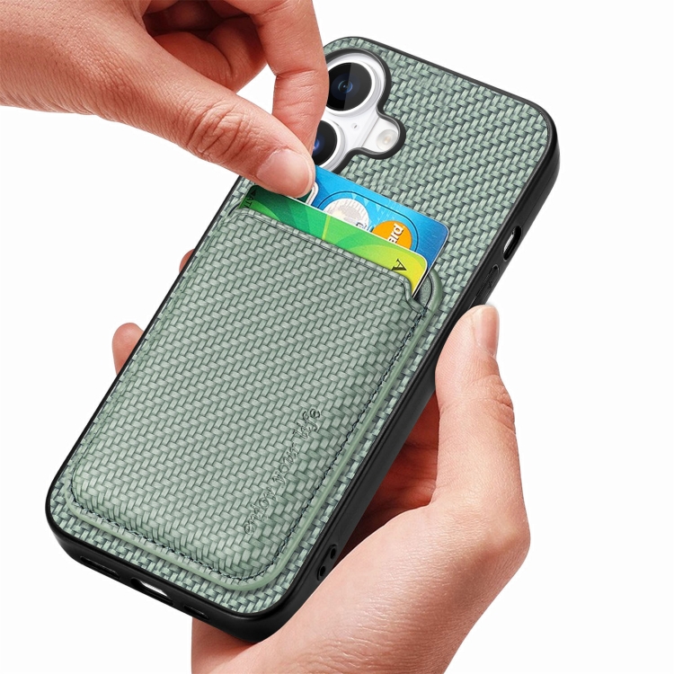 For iPhone 16 Plus Carbon Fiber Leather Card Magsafe Phone Case(Green) For iPhone 16 Plus Carbon Fiber Leather Card Magsafe Phone Case(Green)