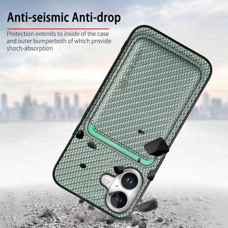 For iPhone 16 Plus Carbon Fiber Leather Card Magsafe Phone Case(Green) For iPhone 16 Plus Carbon Fiber Leather Card Magsafe Phone Case(Green)
