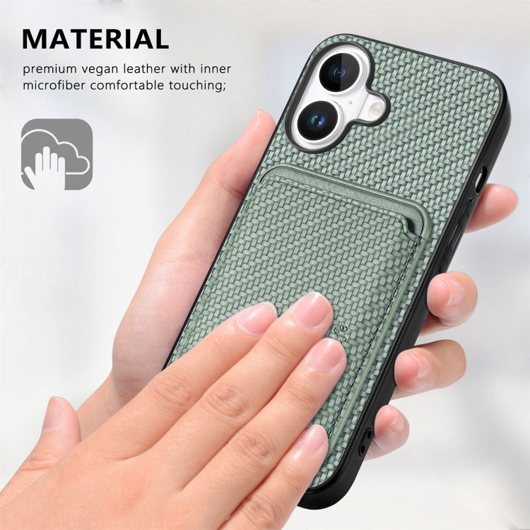 For iPhone 16 Plus Carbon Fiber Leather Card Magsafe Phone Case(Green) For iPhone 16 Plus Carbon Fiber Leather Card Magsafe Phone Case(Green)