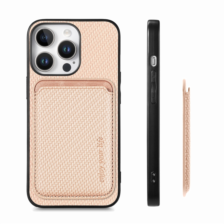 For iPhone 16 Pro Carbon Fiber Leather Card Magsafe Phone Case(Khaki) For iPhone 16 Pro Carbon Fiber Leather Card Magsafe Phone Case(Khaki)