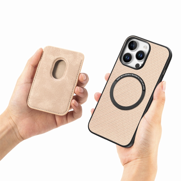 For iPhone 16 Pro Carbon Fiber Leather Card Magsafe Phone Case(Khaki) For iPhone 16 Pro Carbon Fiber Leather Card Magsafe Phone Case(Khaki)