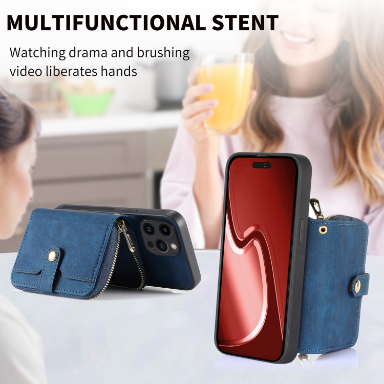 For iPhone 15 Pro Crossbody Multi-function Zipper Wallet Phone Case(Blue) For iPhone 15 Pro Crossbody Multi-function Zipper Wallet Phone Case(Blue)