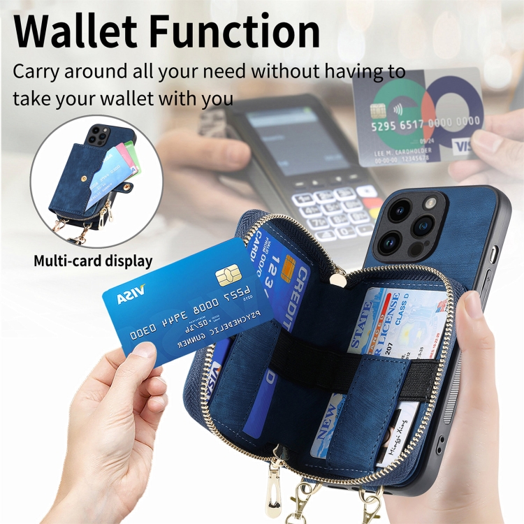For iPhone 15 Pro Crossbody Multi-function Zipper Wallet Phone Case(Blue) For iPhone 15 Pro Crossbody Multi-function Zipper Wallet Phone Case(Blue)