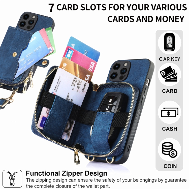 For iPhone 15 Pro Crossbody Multi-function Zipper Wallet Phone Case(Blue) For iPhone 15 Pro Crossbody Multi-function Zipper Wallet Phone Case(Blue)