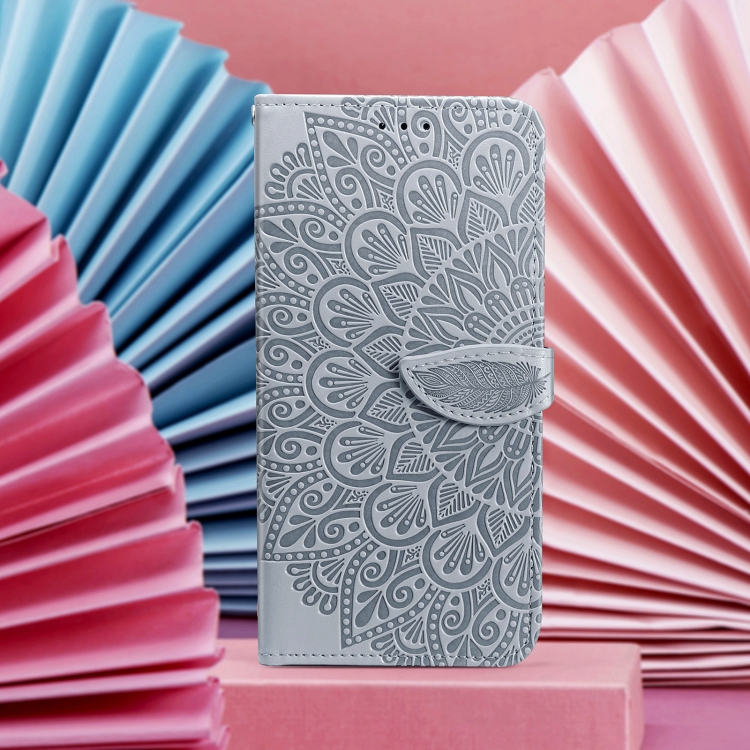 For iPhone 15 Pro Blooming Mandala Embossed Wings Buckle Leather Phone Case(Grey) For iPhone 15 Pro Blooming Mandala Embossed Wings Buckle Leather Phone Case(Grey)