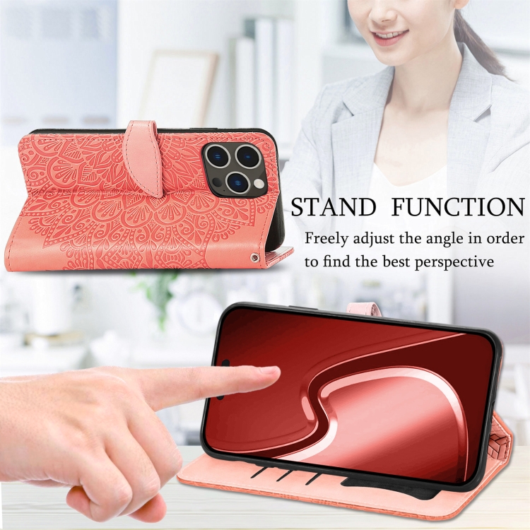 For iPhone 15 Pro Blooming Mandala Embossed Wings Buckle Leather Phone Case(Grey) For iPhone 15 Pro Blooming Mandala Embossed Wings Buckle Leather Phone Case(Grey)