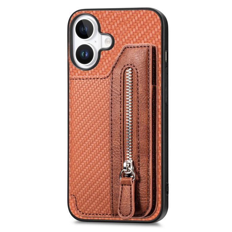 For iPhone 16 Plus Carbon Fiber Horizontal Flip Zipper Wallet Phone Case(Brown) For iPhone 16 Plus Carbon Fiber Horizontal Flip Zipper Wallet Phone Case(Brown)