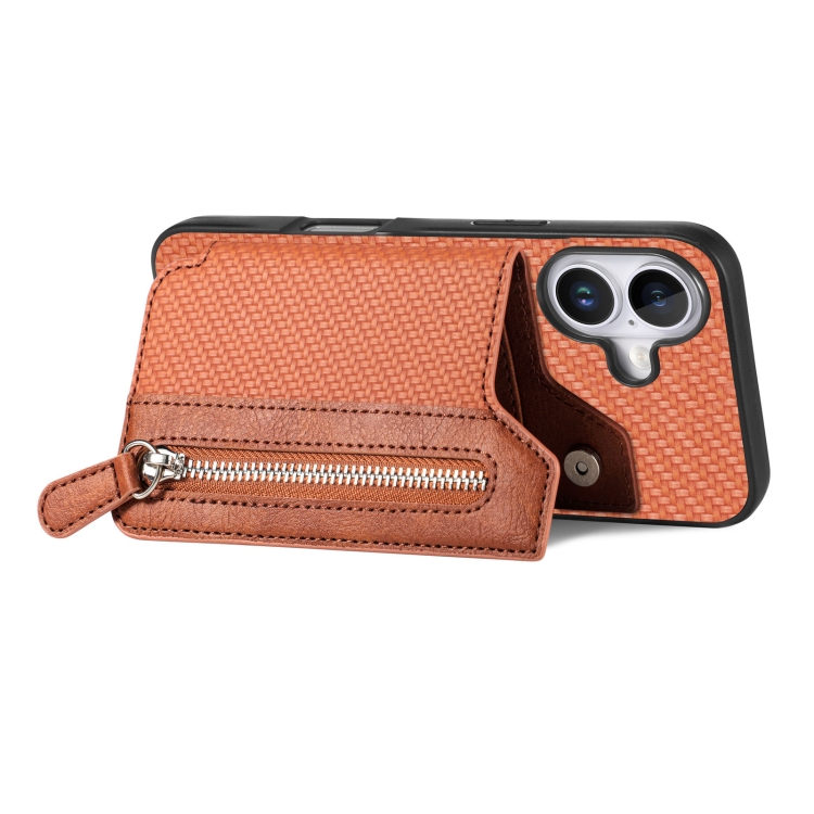 For iPhone 16 Plus Carbon Fiber Horizontal Flip Zipper Wallet Phone Case(Brown) For iPhone 16 Plus Carbon Fiber Horizontal Flip Zipper Wallet Phone Case(Brown)