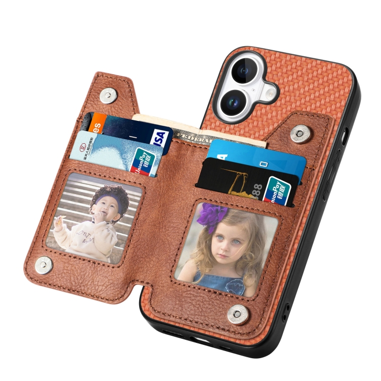 For iPhone 16 Plus Carbon Fiber Horizontal Flip Zipper Wallet Phone Case(Brown) For iPhone 16 Plus Carbon Fiber Horizontal Flip Zipper Wallet Phone Case(Brown)