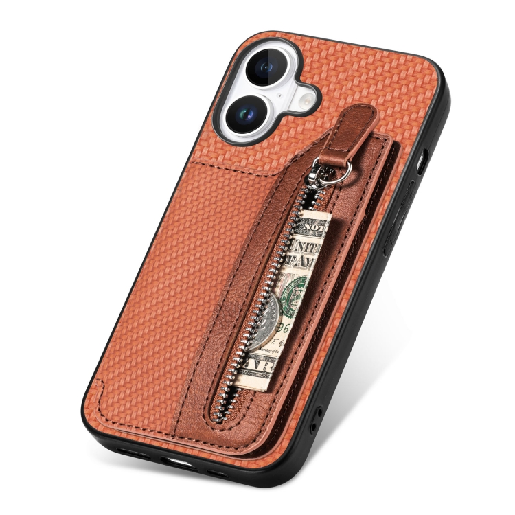 For iPhone 16 Plus Carbon Fiber Horizontal Flip Zipper Wallet Phone Case(Brown) For iPhone 16 Plus Carbon Fiber Horizontal Flip Zipper Wallet Phone Case(Brown)