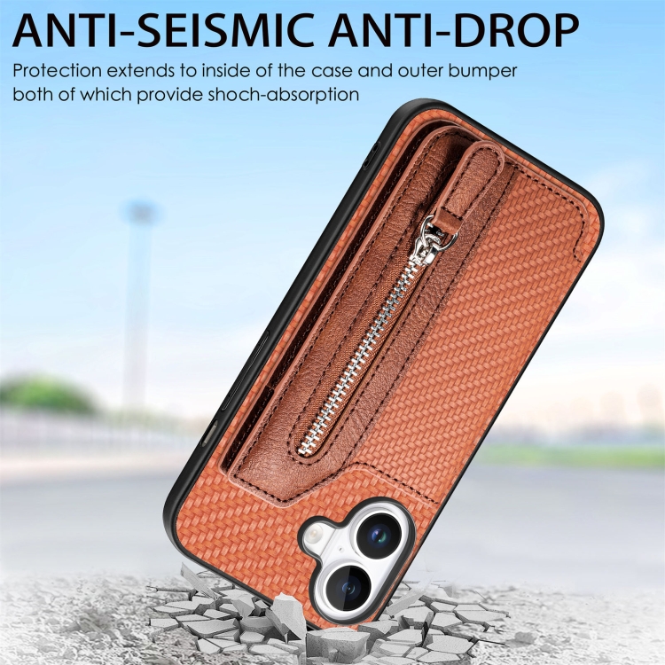 For iPhone 16 Plus Carbon Fiber Horizontal Flip Zipper Wallet Phone Case(Brown) For iPhone 16 Plus Carbon Fiber Horizontal Flip Zipper Wallet Phone Case(Brown)