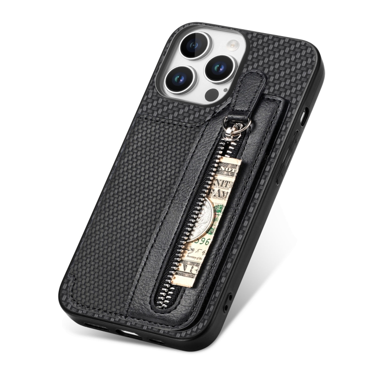 For iPhone 16 Pro Max Carbon Fiber Horizontal Flip Zipper Wallet Phone Case(Black) For iPhone 16 Pro Max Carbon Fiber Horizontal Flip Zipper Wallet Phone Case(Black)