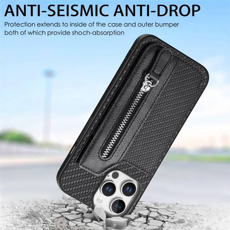 For iPhone 16 Pro Max Carbon Fiber Horizontal Flip Zipper Wallet Phone Case(Black) For iPhone 16 Pro Max Carbon Fiber Horizontal Flip Zipper Wallet Phone Case(Black)