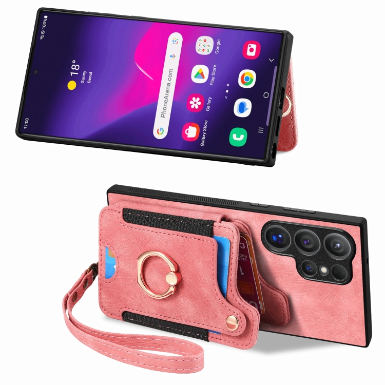 For Samsung Galaxy S24 Ultra 5G Retro Skin-feel Ring Multi-card Wallet Phone Case(Pink) For Samsung Galaxy S24 Ultra 5G Retro Skin-feel Ring Multi-card Wallet Phone Case(Pink)