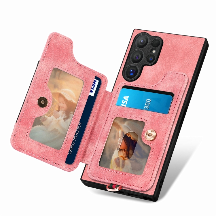 For Samsung Galaxy S24 Ultra 5G Retro Skin-feel Ring Multi-card Wallet Phone Case(Pink) For Samsung Galaxy S24 Ultra 5G Retro Skin-feel Ring Multi-card Wallet Phone Case(Pink)