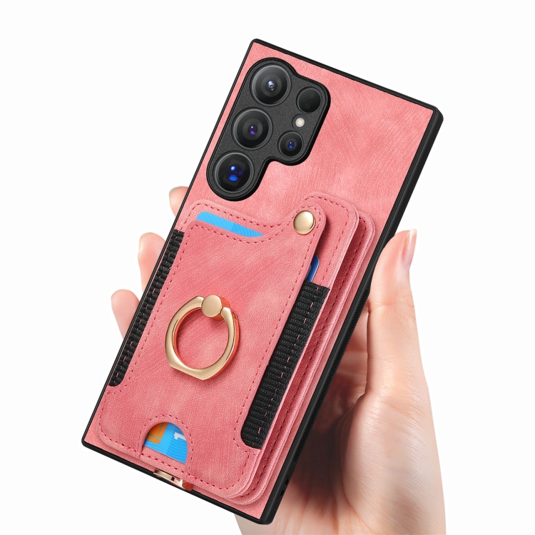 For Samsung Galaxy S24 Ultra 5G Retro Skin-feel Ring Multi-card Wallet Phone Case(Pink) For Samsung Galaxy S24 Ultra 5G Retro Skin-feel Ring Multi-card Wallet Phone Case(Pink)