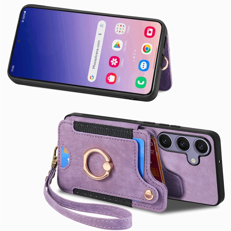For Samsung Galaxy S25+ 5G Retro Skin-feel Ring Multi-card Wallet Phone Case(Purple) For Samsung Galaxy S25+ 5G Retro Skin-feel Ring Multi-card Wallet Phone Case(Purple)