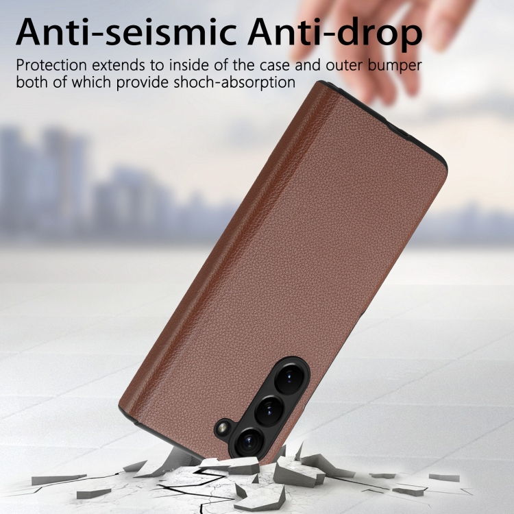 For Samsung Galaxy Z Fold5 5G Litchi Integrated Film Electroplated Magnetic Hinge Leather Phone Case(Brown) For Samsung Galaxy Z Fold5 5G Litchi Integrated Film Electroplated Magnetic Hinge Leather Phone Case(Brown)