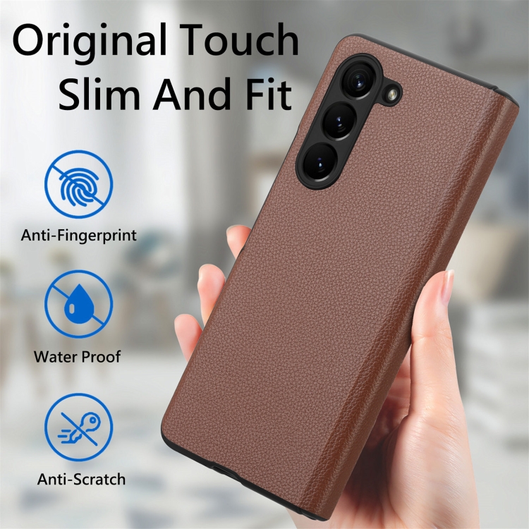 For Samsung Galaxy Z Fold5 5G Litchi Integrated Film Electroplated Magnetic Hinge Leather Phone Case(Brown) For Samsung Galaxy Z Fold5 5G Litchi Integrated Film Electroplated Magnetic Hinge Leather Phone Case(Brown)
