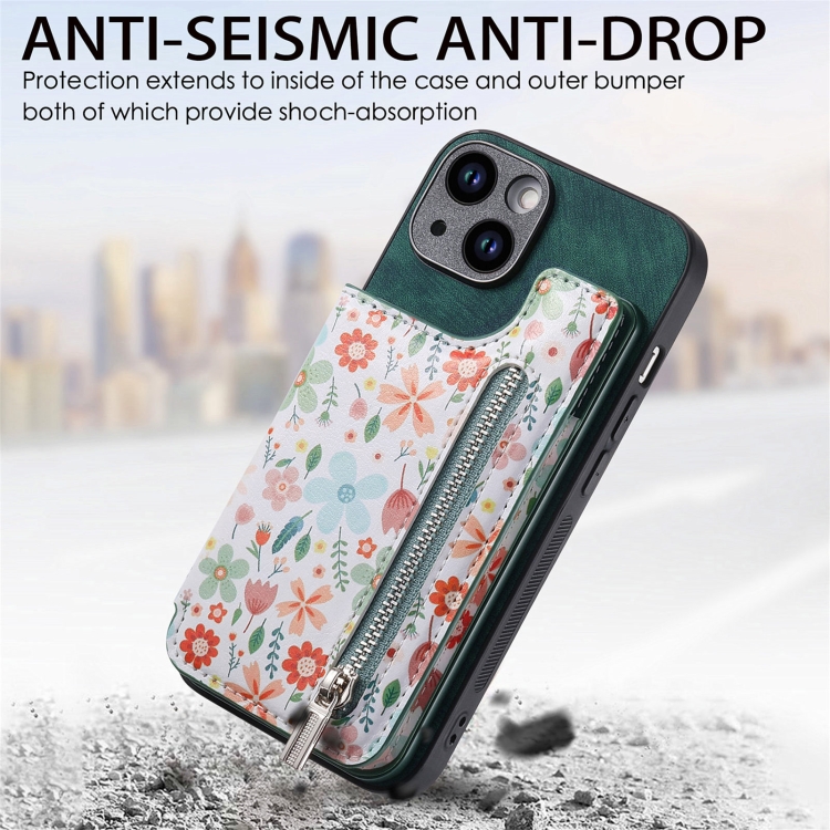 For iPhone 14 Retro Painted Zipper Wallet Back Phone Case(Green) For iPhone 14 Retro Painted Zipper Wallet Back Phone Case(Green)