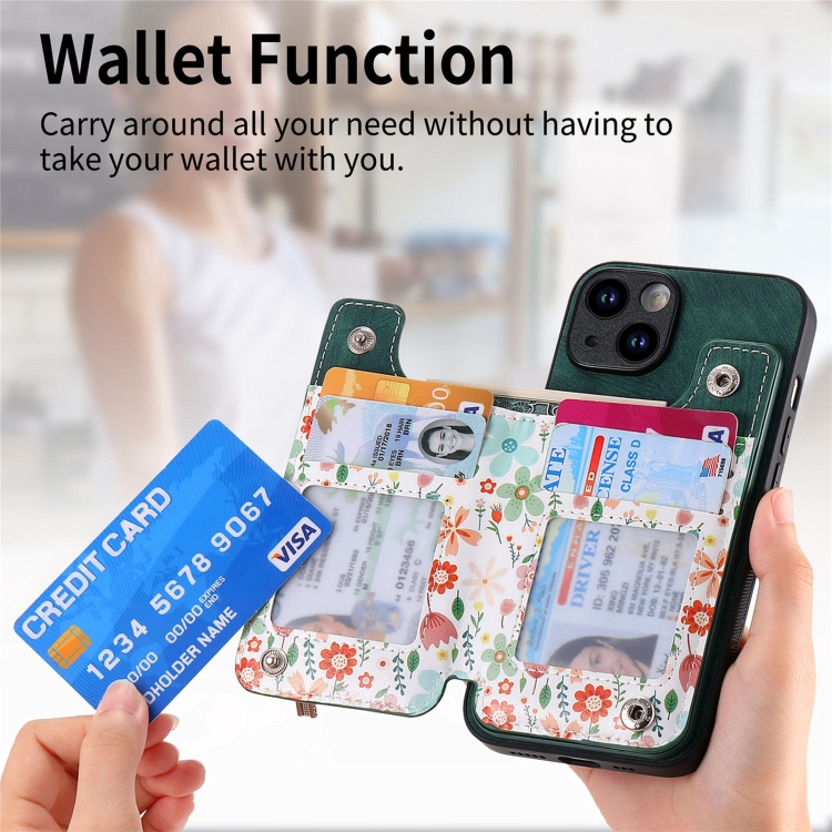 For iPhone 14 Retro Painted Zipper Wallet Back Phone Case(Green) For iPhone 14 Retro Painted Zipper Wallet Back Phone Case(Green)