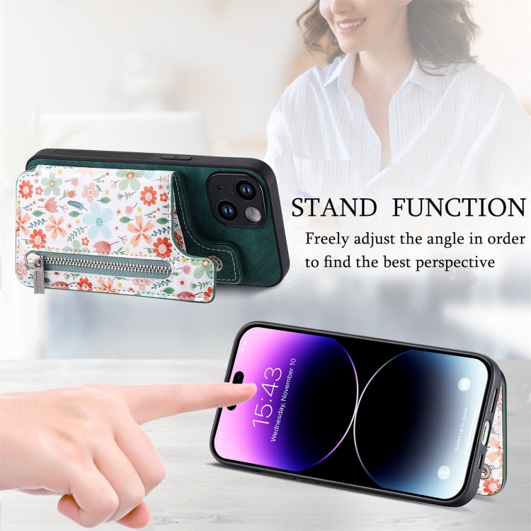 For iPhone 14 Retro Painted Zipper Wallet Back Phone Case(Green) For iPhone 14 Retro Painted Zipper Wallet Back Phone Case(Green)