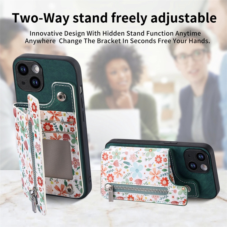 For iPhone 14 Retro Painted Zipper Wallet Back Phone Case(Green) For iPhone 14 Retro Painted Zipper Wallet Back Phone Case(Green)