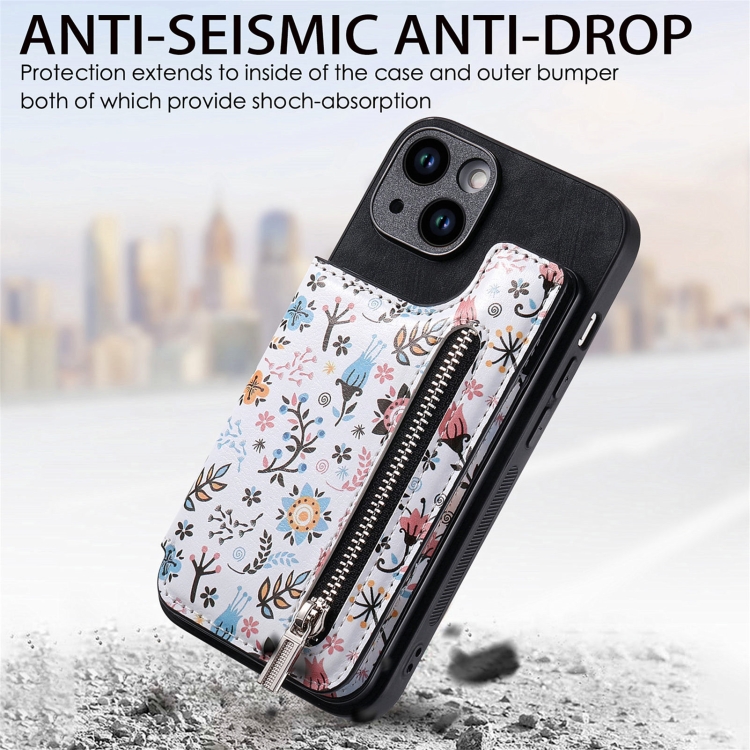 For iPhone 14 Plus Retro Painted Zipper Wallet Back Phone Case(Black) For iPhone 14 Plus Retro Painted Zipper Wallet Back Phone Case(Black)