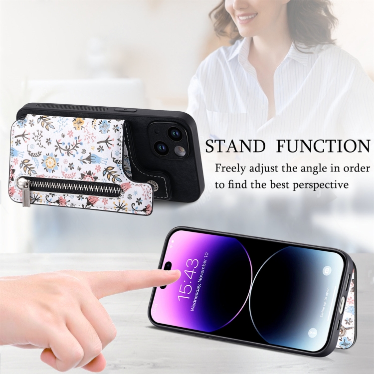 For iPhone 14 Plus Retro Painted Zipper Wallet Back Phone Case(Black) For iPhone 14 Plus Retro Painted Zipper Wallet Back Phone Case(Black)