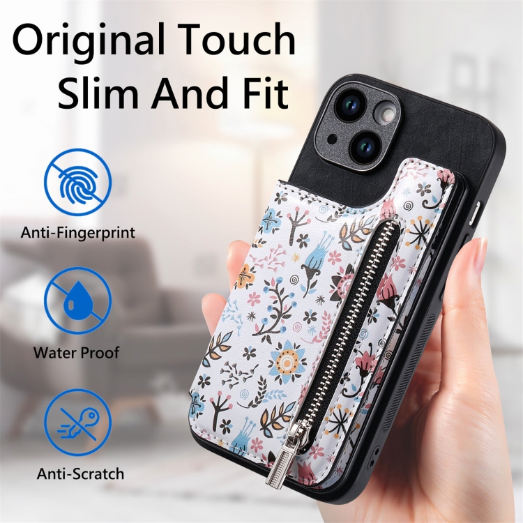 For iPhone 14 Plus Retro Painted Zipper Wallet Back Phone Case(Black) For iPhone 14 Plus Retro Painted Zipper Wallet Back Phone Case(Black)