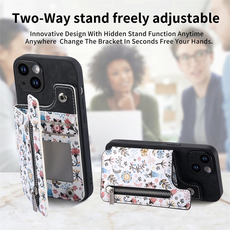 For iPhone 14 Plus Retro Painted Zipper Wallet Back Phone Case(Black) For iPhone 14 Plus Retro Painted Zipper Wallet Back Phone Case(Black)