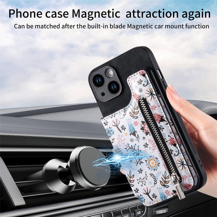 For iPhone 14 Plus Retro Painted Zipper Wallet Back Phone Case(Black) For iPhone 14 Plus Retro Painted Zipper Wallet Back Phone Case(Black)