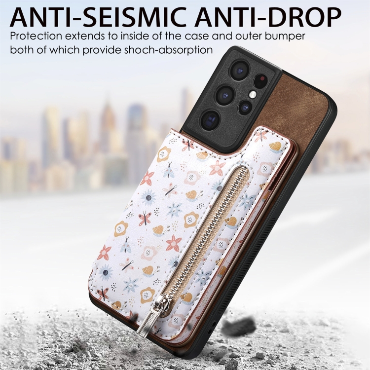 For Samsung Galaxy S21 Ultra 5G Retro Painted Zipper Wallet Back Phone Case(Brown)