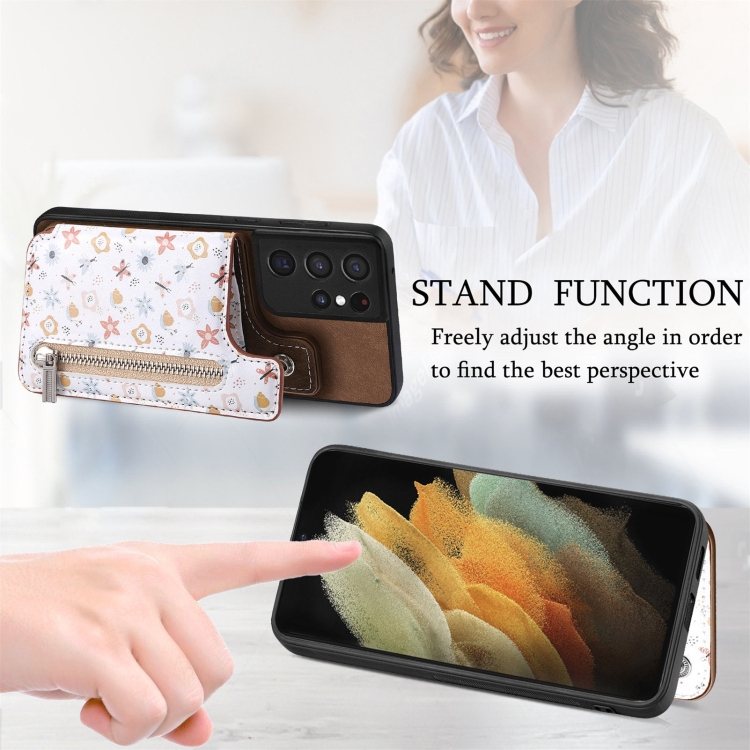For Samsung Galaxy S21 Ultra 5G Retro Painted Zipper Wallet Back Phone Case(Brown)