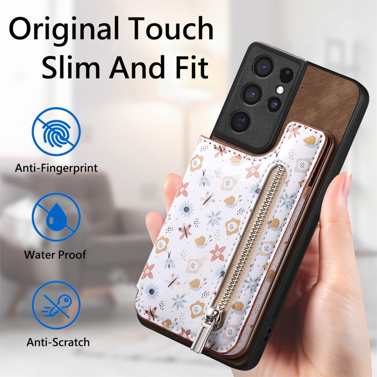 For Samsung Galaxy S21 Ultra 5G Retro Painted Zipper Wallet Back Phone Case(Brown)