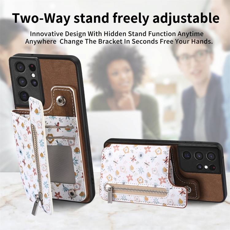 For Samsung Galaxy S21 Ultra 5G Retro Painted Zipper Wallet Back Phone Case(Brown)