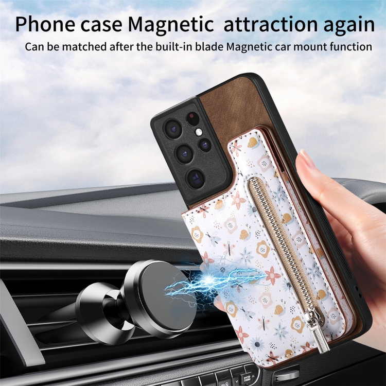 For Samsung Galaxy S21 Ultra 5G Retro Painted Zipper Wallet Back Phone Case(Brown)