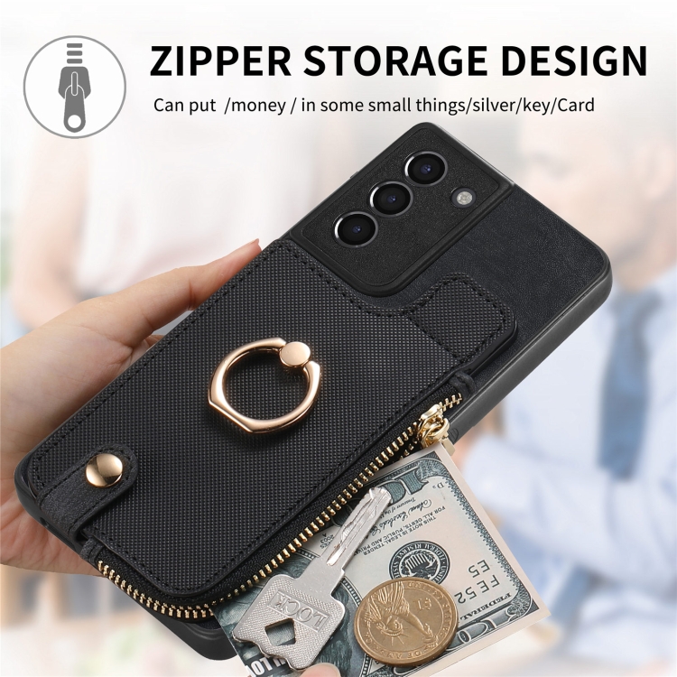 For Samsung Galaxy S21+ 5G Cross Leather Ring Vertical Zipper Wallet Back Phone Case(Black) For Samsung Galaxy S21+ 5G Cross Leather Ring Vertical Zipper Wallet Back Phone Case(Black)