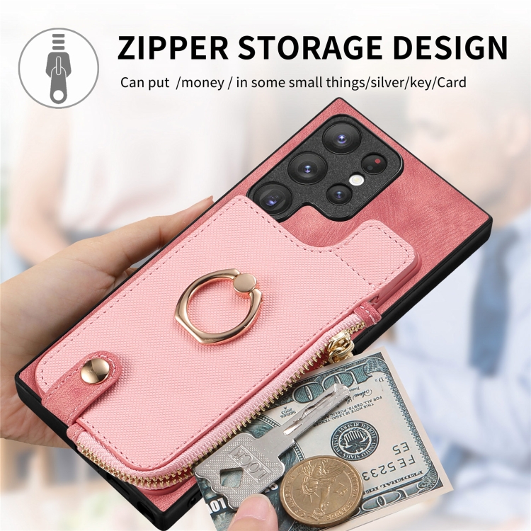 For Samsung Galaxy S23 Ultra 5G Cross Leather Ring Vertical Zipper Wallet Back Phone Case(Pink) For Samsung Galaxy S23 Ultra 5G Cross Leather Ring Vertical Zipper Wallet Back Phone Case(Pink)