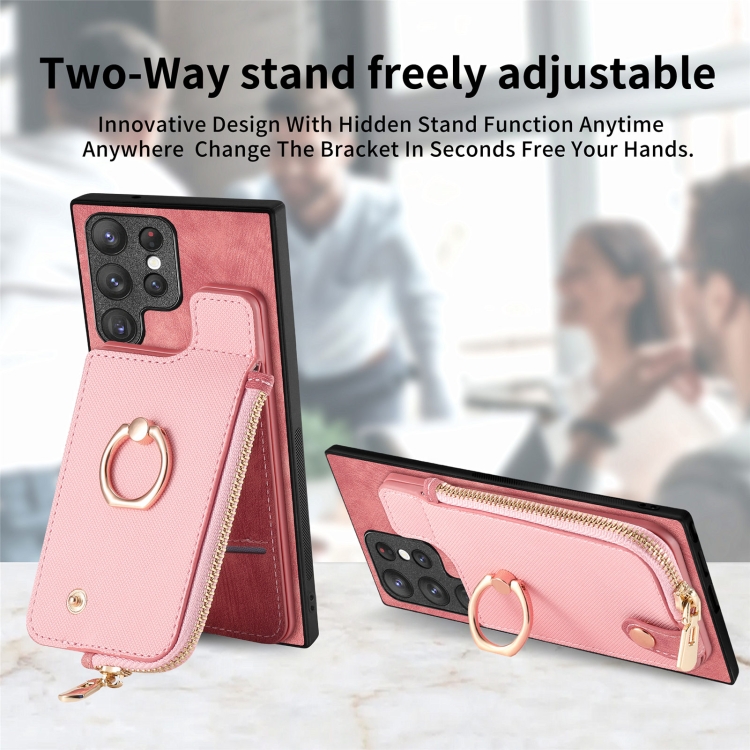 For Samsung Galaxy S23 Ultra 5G Cross Leather Ring Vertical Zipper Wallet Back Phone Case(Pink) For Samsung Galaxy S23 Ultra 5G Cross Leather Ring Vertical Zipper Wallet Back Phone Case(Pink)