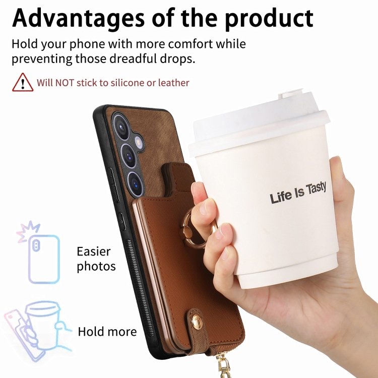 For Samsung Galaxy S24 5G Cross Leather Ring Vertical Zipper Wallet Back Phone Case(Brown) For Samsung Galaxy S24 5G Cross Leather Ring Vertical Zipper Wallet Back Phone Case(Brown)