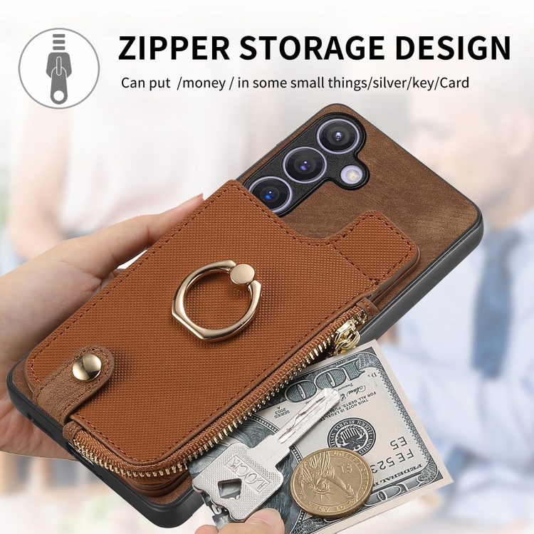 For Samsung Galaxy S24 5G Cross Leather Ring Vertical Zipper Wallet Back Phone Case(Brown) For Samsung Galaxy S24 5G Cross Leather Ring Vertical Zipper Wallet Back Phone Case(Brown)