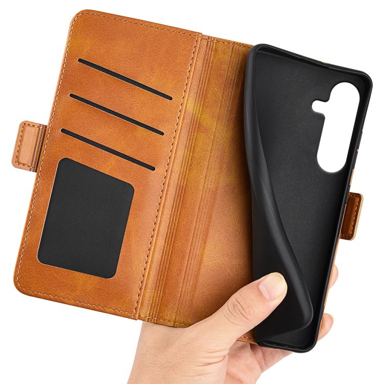 For Samsung Galaxy S25 5G Dual-side Magnetic Buckle Horizontal Flip Leather Phone Case(Yellow)