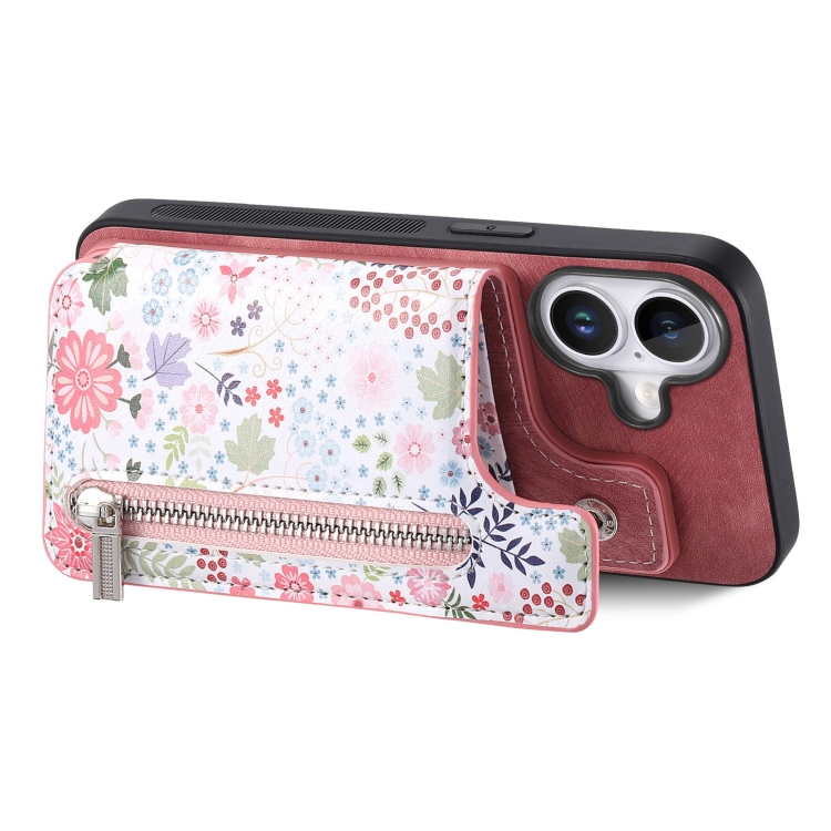 For iPhone 16 Plus Retro Painted Zipper Wallet Back Phone Case(Pink) For iPhone 16 Plus Retro Painted Zipper Wallet Back Phone Case(Pink)