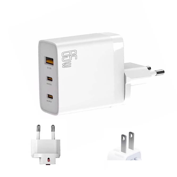 GAN 65W PD45W Dual Type-C / QC3.0 USB Multi Compatible Charger + 2m USB-C to USB-C Data Cable EU + US Plug White GAN 65W PD45W Dual Type-C / QC3.0 USB Multi Compatible Charger + 2m USB-C to USB-C Data Cable EU + US Plug White