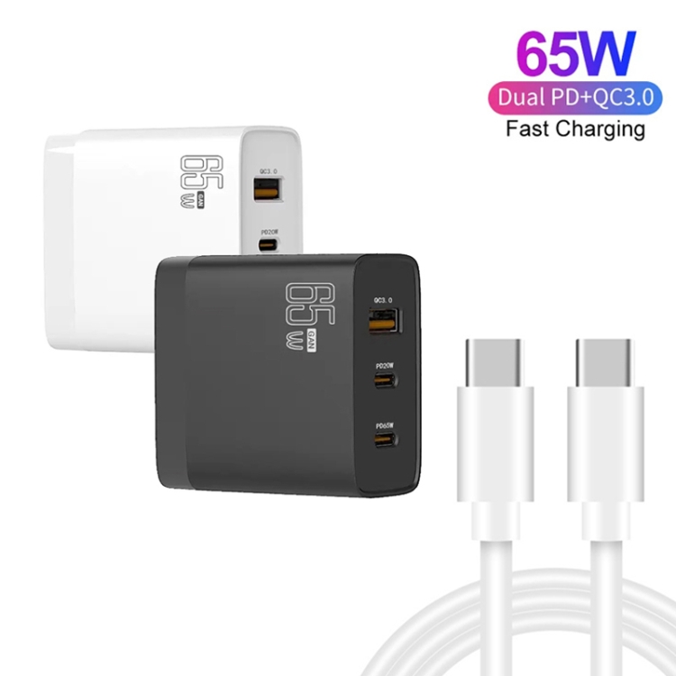 GAN 65W PD45W Dual Type-C / QC3.0 USB Multi Compatible Charger + 2m USB-C to USB-C Data Cable EU + US Plug White GAN 65W PD45W Dual Type-C / QC3.0 USB Multi Compatible Charger + 2m USB-C to USB-C Data Cable EU + US Plug White