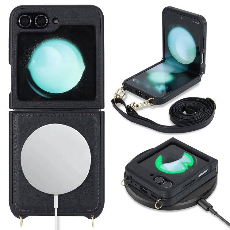 For Samsung Galaxy Z Flip5 5G Crossbody R20 Texture Leather Magsafe Phone Case(Black) For Samsung Galaxy Z Flip5 5G Crossbody R20 Texture Leather Magsafe Phone Case(Black)