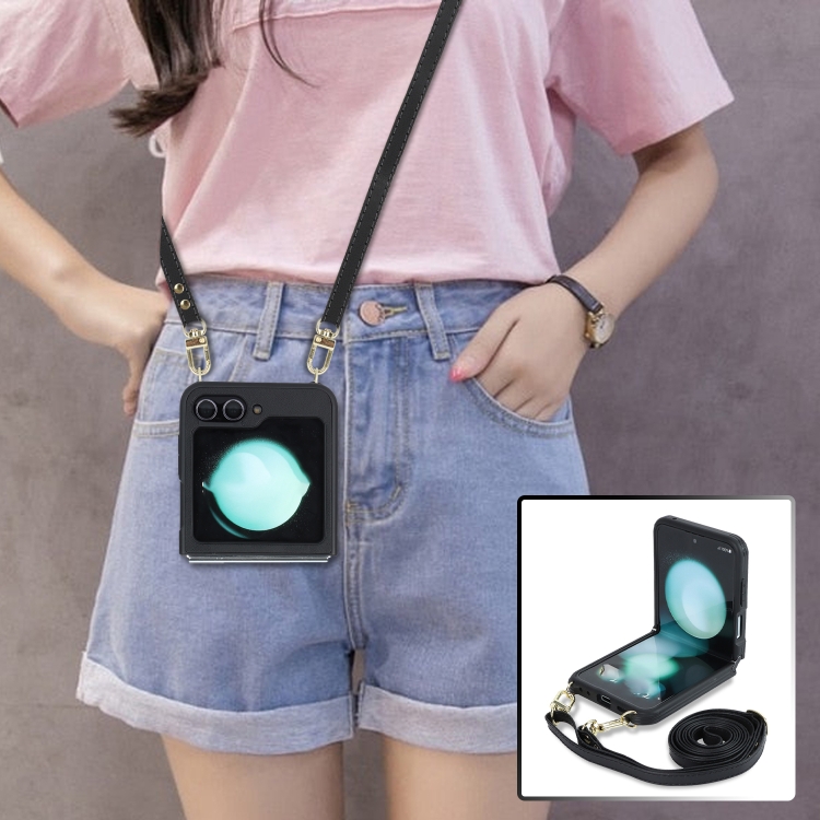 For Samsung Galaxy Z Flip5 5G Crossbody R20 Texture Leather Magsafe Phone Case(Black) For Samsung Galaxy Z Flip5 5G Crossbody R20 Texture Leather Magsafe Phone Case(Black)